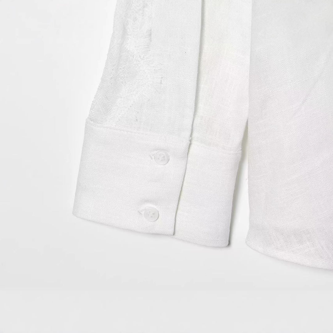 Women's Oversized Linen Blouse with Lace Inserts on Sleeves and Concealed Button Placket Mune Fashion
