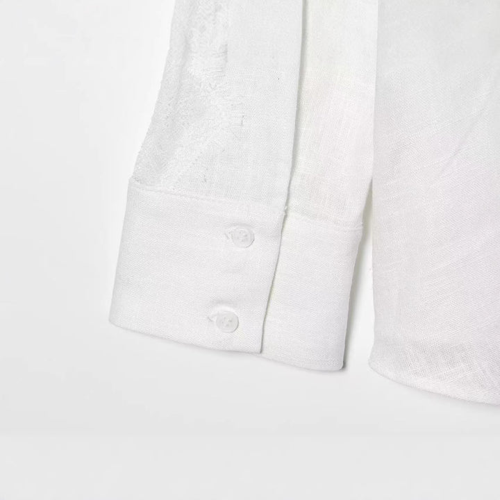 Women's Oversized Linen Blouse with Lace Inserts on Sleeves and Concealed Button Placket Mune Fashion