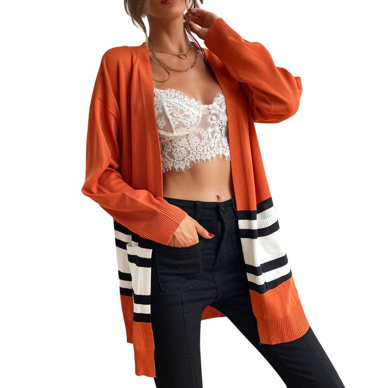 Women's Longline Cardigan with Contrast Stripes, Patch Pockets & Ribbed Cuffs Mune Fashion