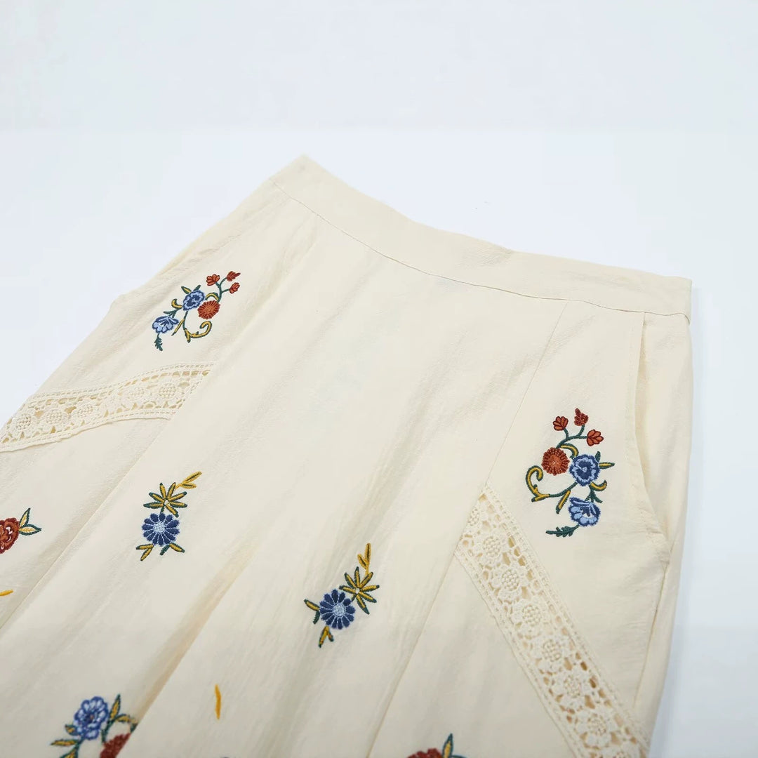 Women's Loose-Fitting Boho Pants with Floral Embroidery, Lace Inserts, and Elastic Cuffs