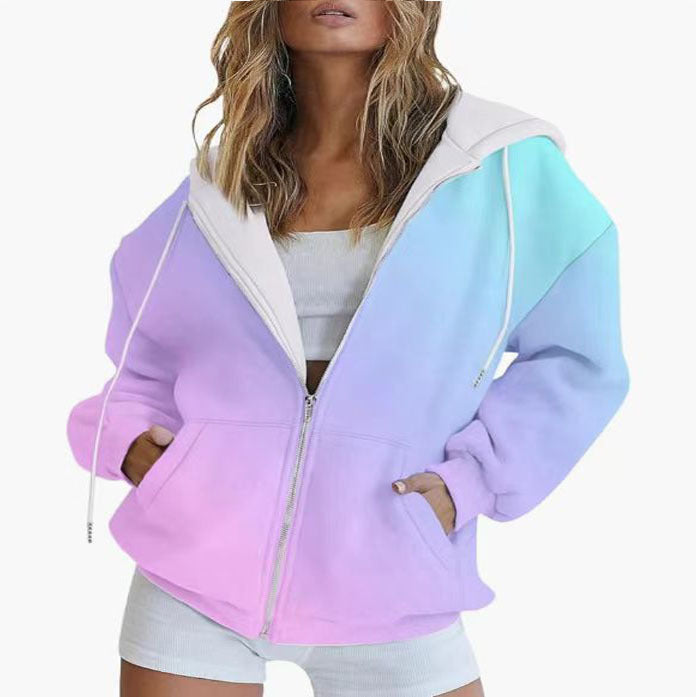 Women Oversize Hoodie Jacket with Gradient Color, Zipper and Kangaroo Pockets Mune Fashion