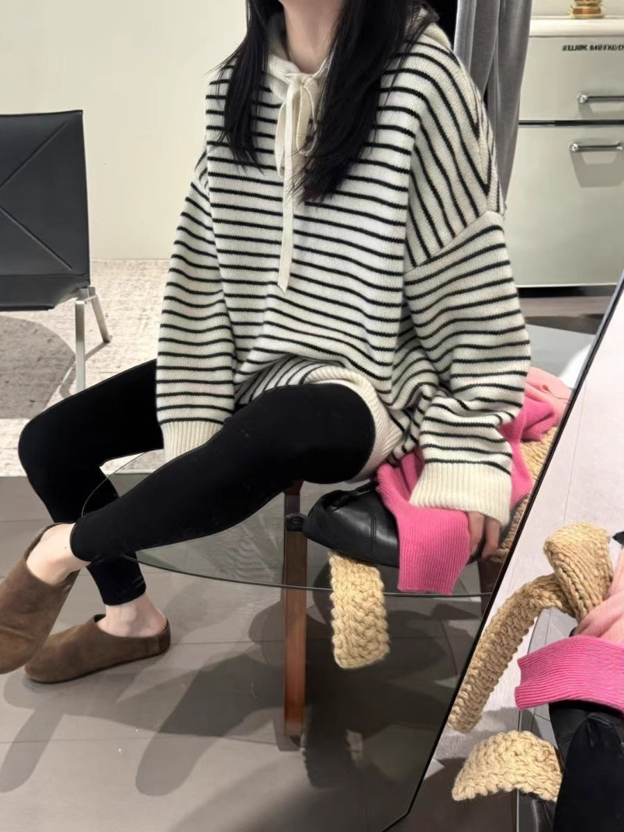 Women's oversized hoodie made of soft fine knit with nautical stripe pattern Mune Fashion