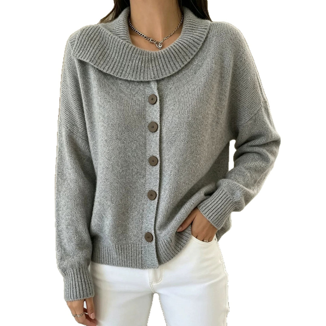 Women's Cozy Button Cardigan with Wide Roll Neck and Ribbed Cuffs Mune Fashion
