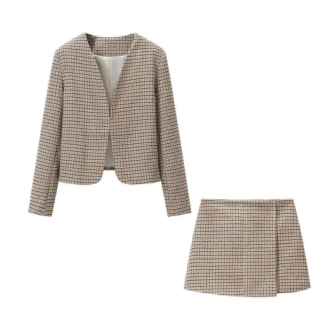 Ladies Two-Piece Tweed Ensemble with Collarless Cropped Blazer and A-Line Mini Skirt Mune Fashion