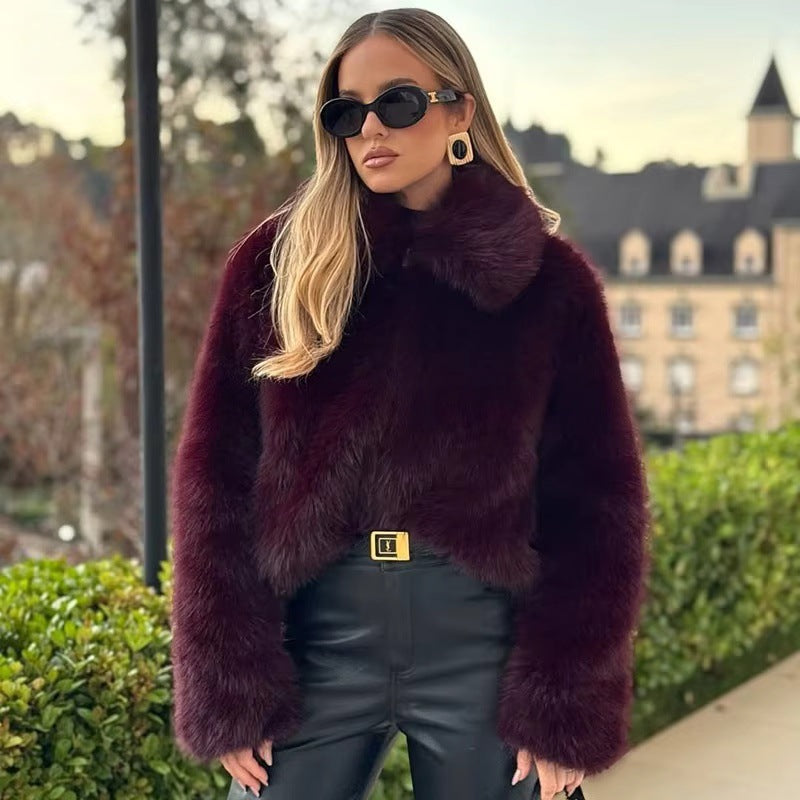 Women's Cropped Faux Fur Boxy Jacket with High Stand-Up Collar and Extra Soft Long Pile Mune Fashion