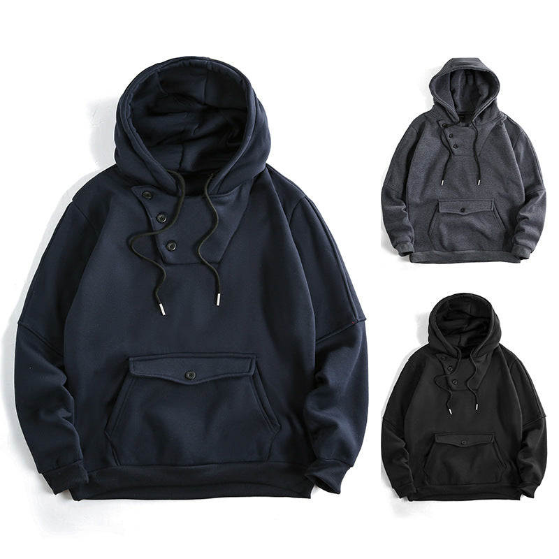 Men's Oversized Cotton Fleece Hoodie with Asymmetric Button Placket and Patch Kangaroo Pocket Mune Fashion
