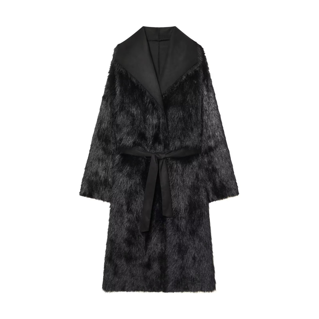 Women longer coat with faux fur trim and tie belt Mune Fashion