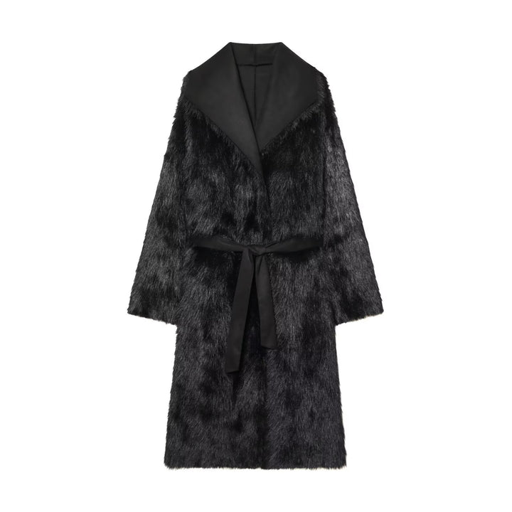 Women longer coat with faux fur trim and tie belt Mune Fashion