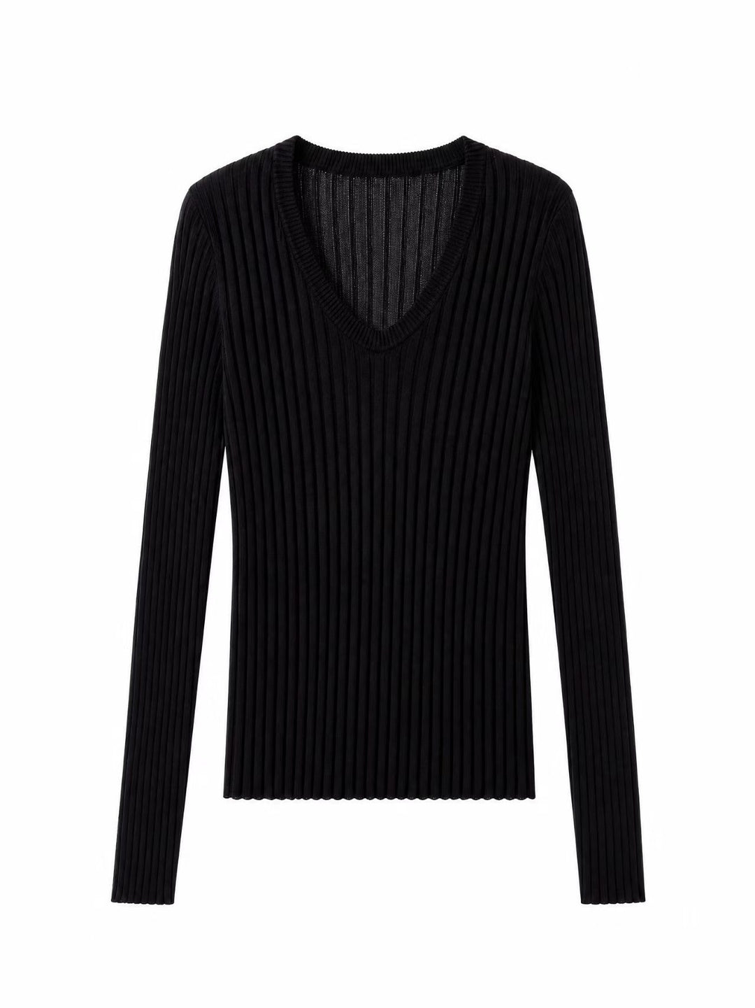 Women Tight Fine Knit Long Sleeve with Deep V-Neck and Wide Ribbed Structure Mune Fashion
