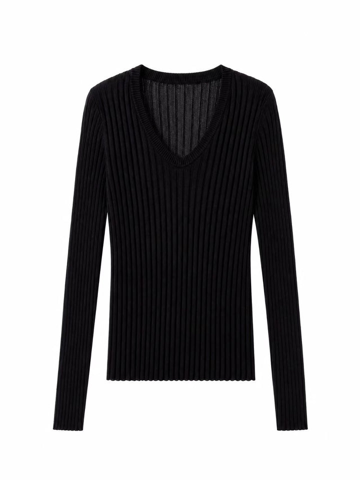 Women Tight Fine Knit Long Sleeve with Deep V-Neck and Wide Ribbed Structure Mune Fashion