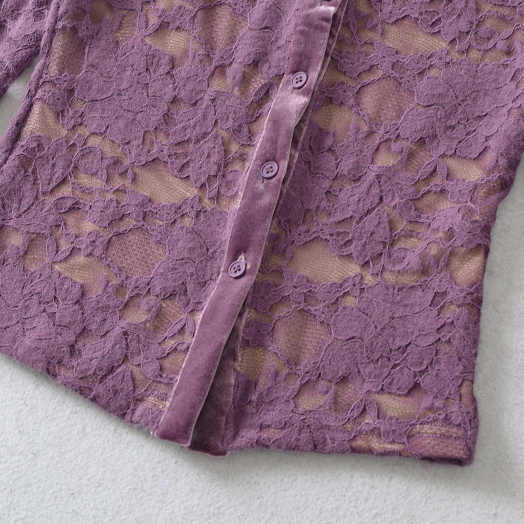 Ladies Fine Lace Cardigan with Matching Under Top and Velvet Trim Mune Fashion