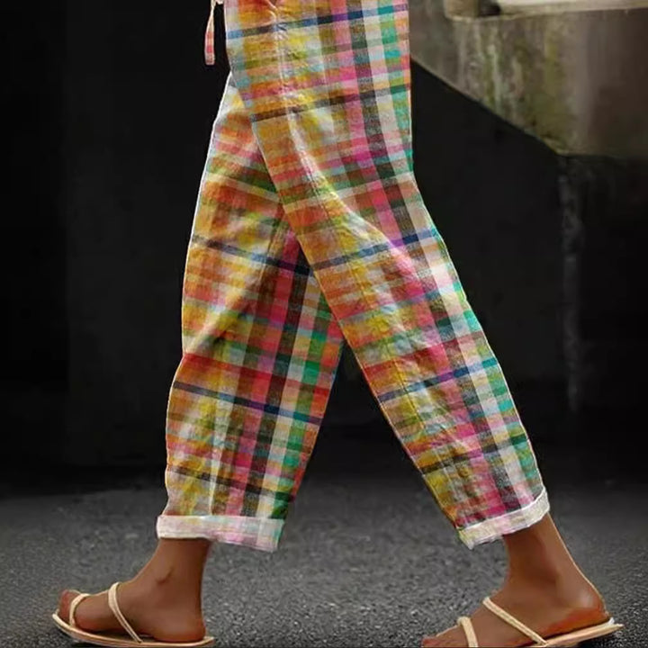 Women's casual checkered linen pants with elastic drawstring waistband and rolled hem Mune Fashion