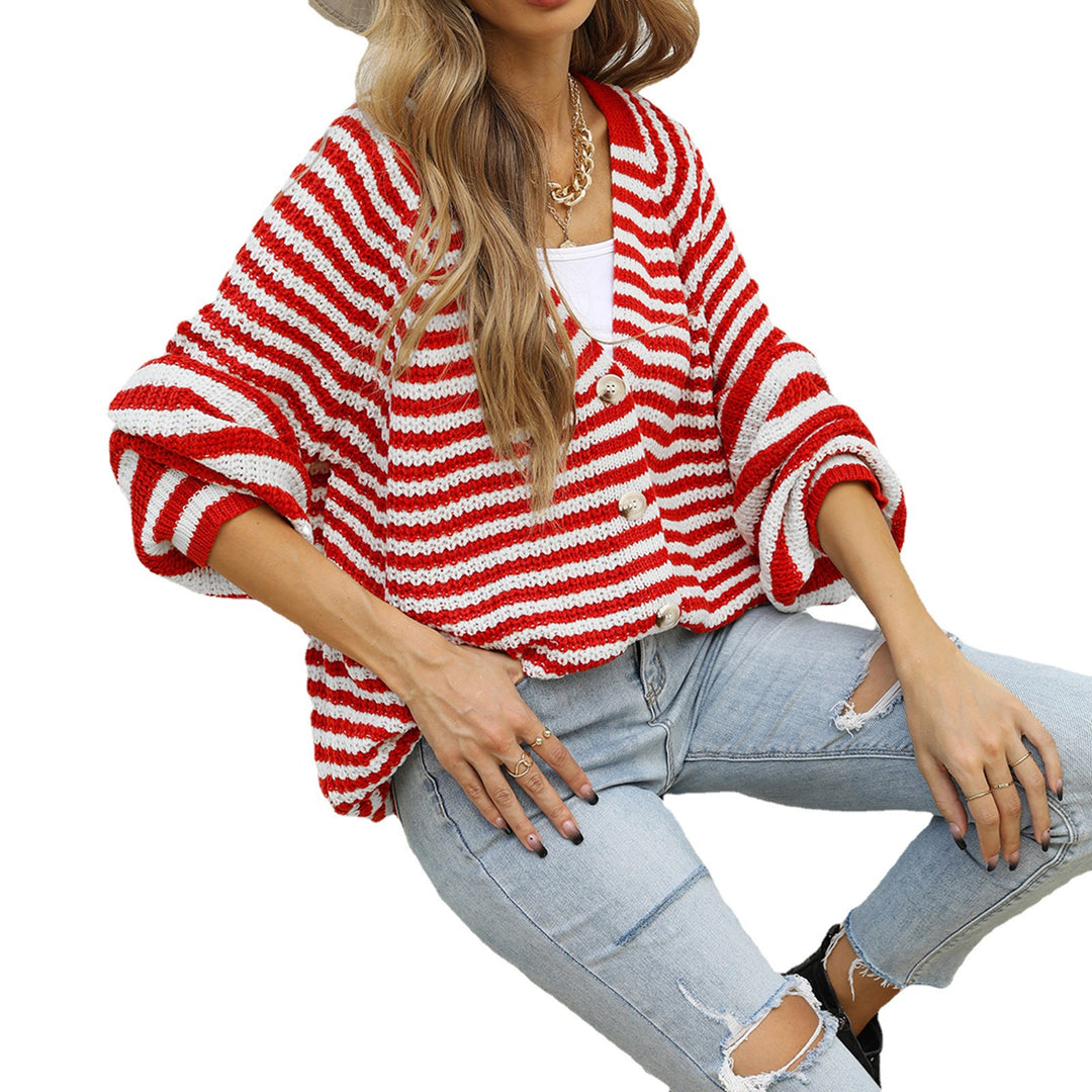 Women's striped oversized cardigan with V-neck and button placket Mune Fashion
