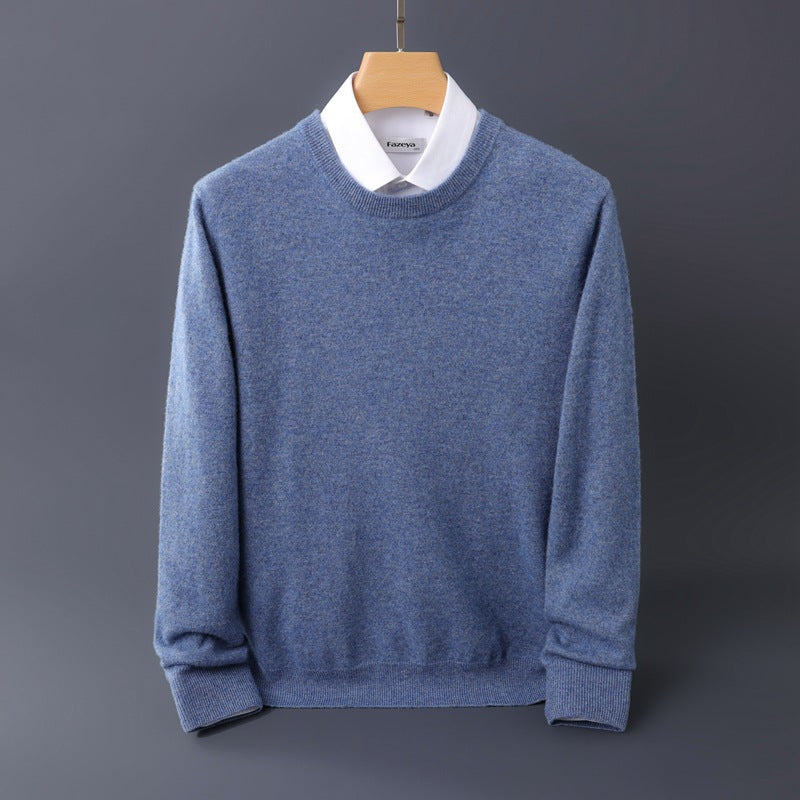 Men's Fine Round Neck Knit Sweater in Cashmere Look with Ribbed Cuffs Mune Fashion
