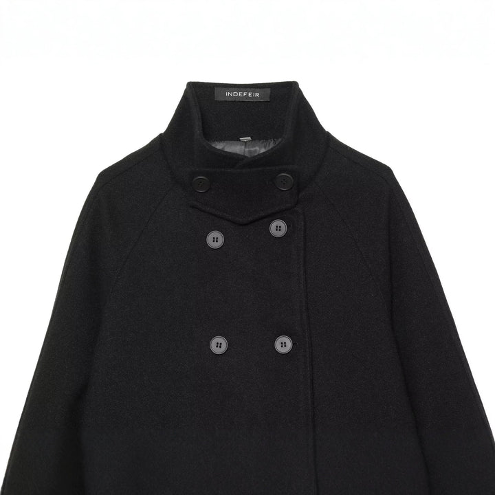 Women's Short Double-Breasted Cape Coat with Stand Collar and Drop Shoulders Drune