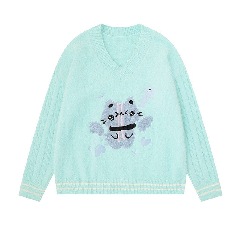 Women's V-neck knitted sweater with cable sleeves and chenille cat motif Mune Fashion