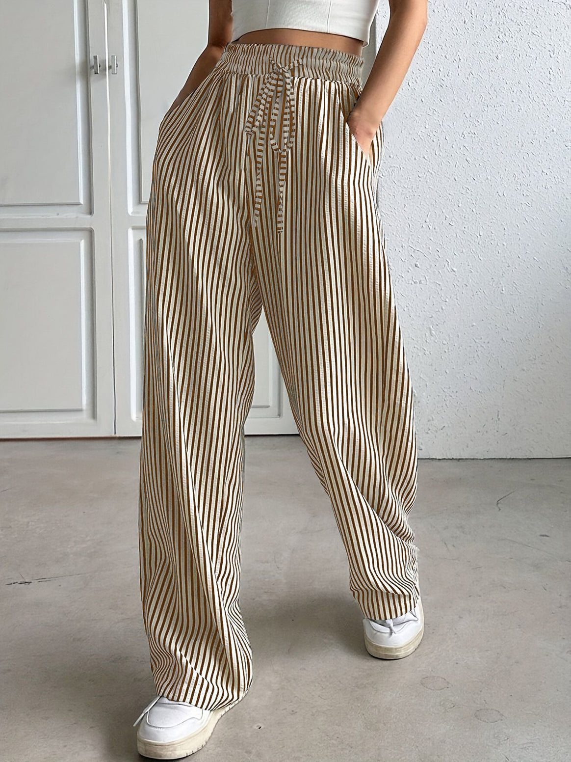 Women's Marlene striped pants made of linen blend with wide leg, elastic waistband and drawstring Mune Fashion