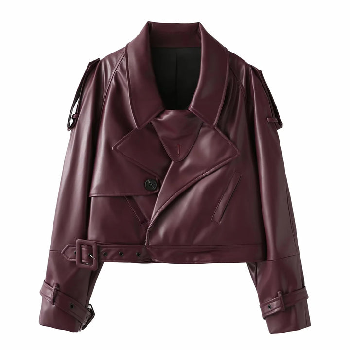 Women's cropped faux leather trench blouson with shawl collar, belt and adjustable cuff straps Mune Fashion
