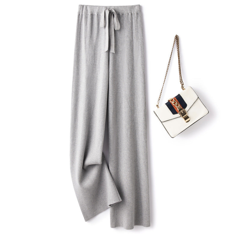 Women’s Wide Ribbed Knit Pants with Drawstring and Flowing Palazzo Silhouette Mune Fashion