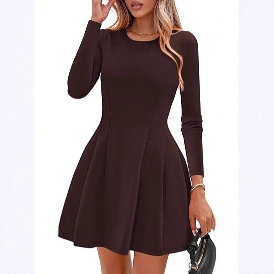 Women's Long-Sleeve A-Line Skater Dress with Figure-Flattering Seams Drune