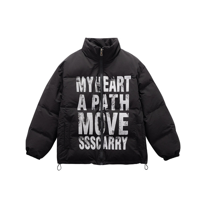 Unisex Oversized Padded Jacket with High Stand Collar and Statement Print Mune Fashion