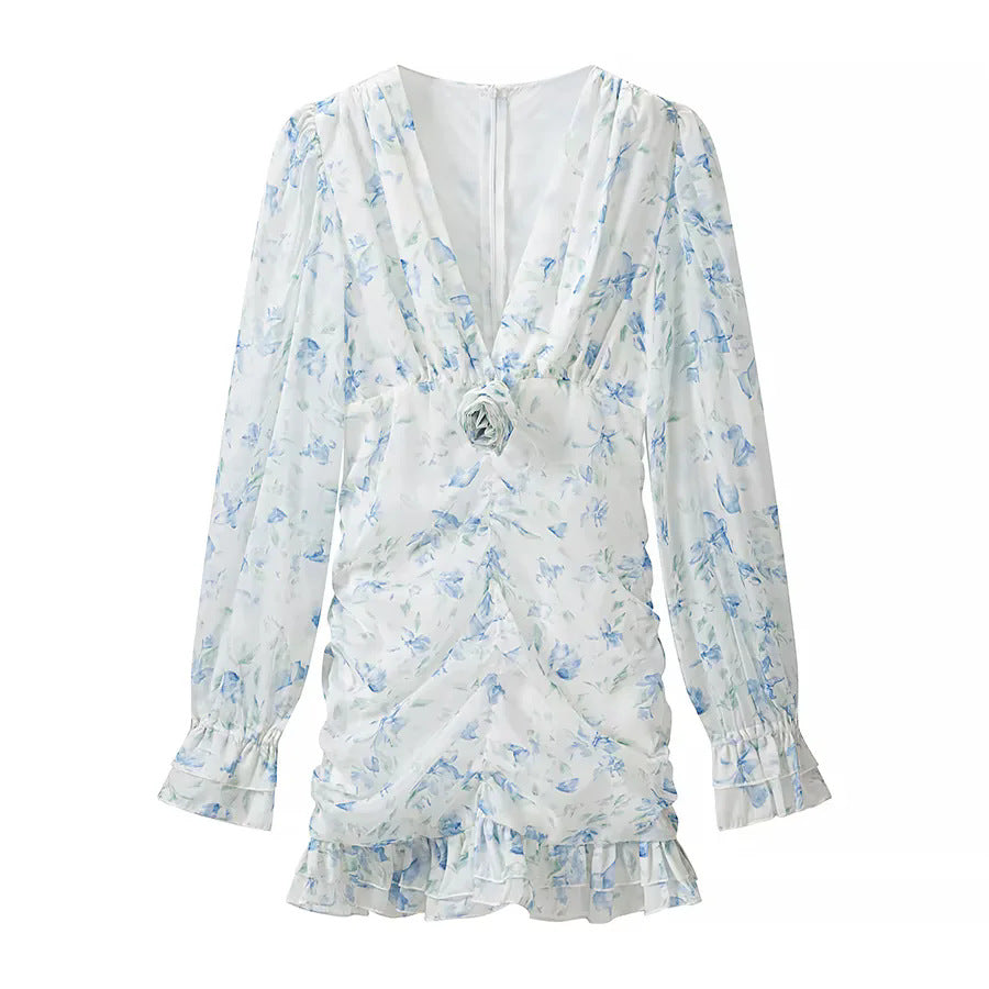 Women's Ruffled Chiffon Mini Dress with Deep V-Neck Ruffles and Rose Application Mune Fashion