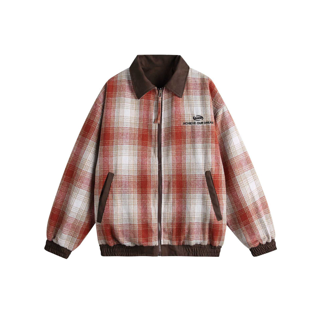 Women's short cut boxy jacket in suede look with checked collar and elastic hem Mune Fashion