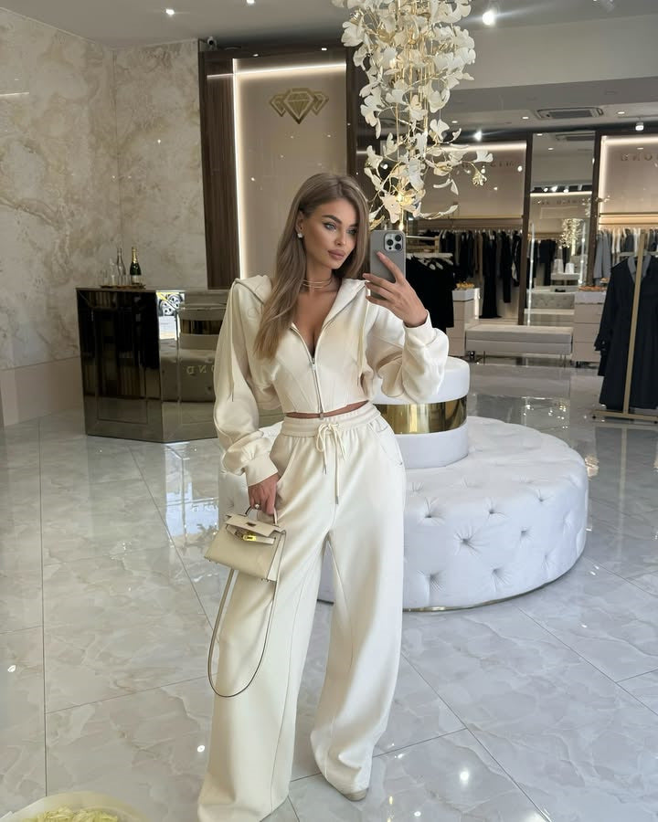 Women's short zip hoodie set with balloon sleeves and high waist wide-leg lounge pants Mune Fashion