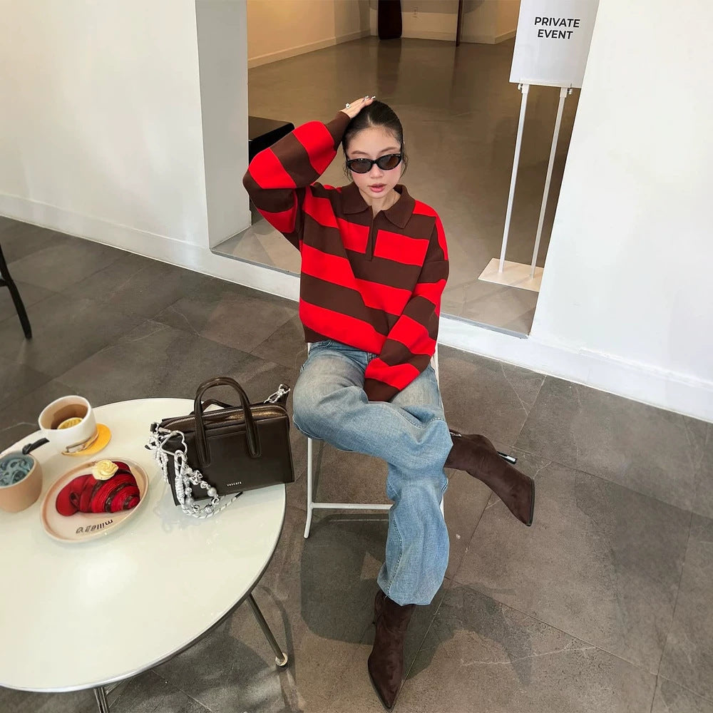 Women Oversize Rugby Knitted Sweater with Polo Collar & Wide Block Stripes Mune Fashion