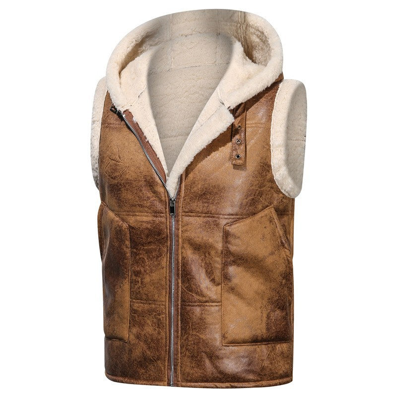 Men's Sleeveless Lambskin Imitation Vest with Hooded Collar and Front Pockets Mune Fashion