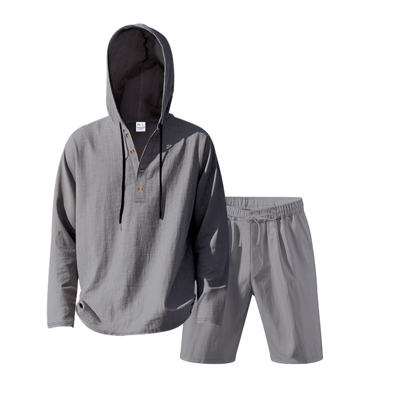 Men's Hoodie Henley Loungewear Set with Linen Look, Drawstring and Elastic Tunnel Shorts Mune Fashion
