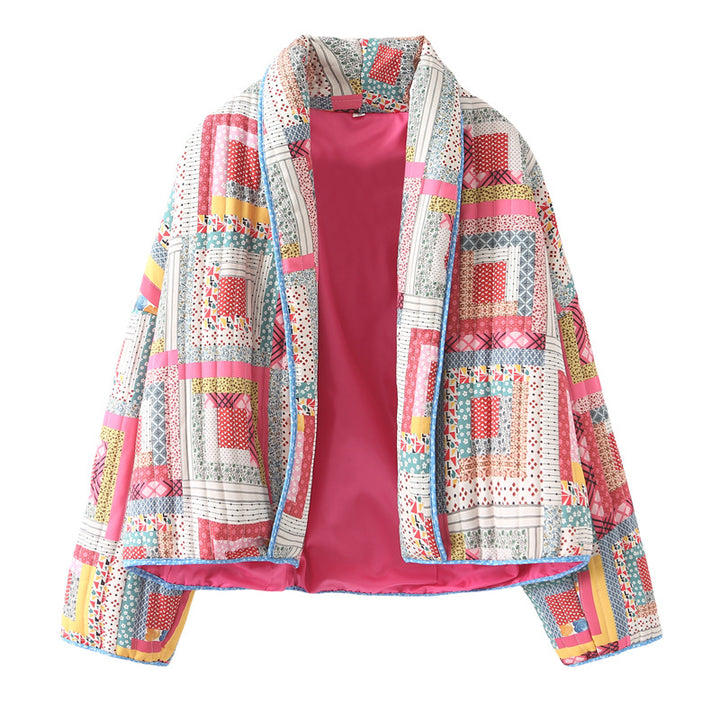 Women's Nano Quilted Cropped Patchwork Jacket with Shawl Collar and Boxy Cut Mune Fashion