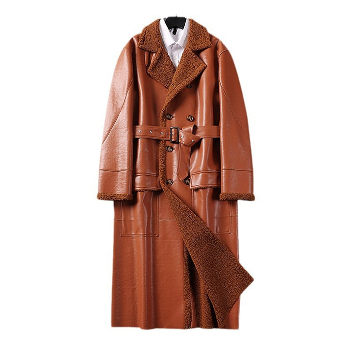 Men's Maxi-length Faux Leather Coat with Teddy Lining, Double-breasted Button Placket and Waist Belt Mune Fashion