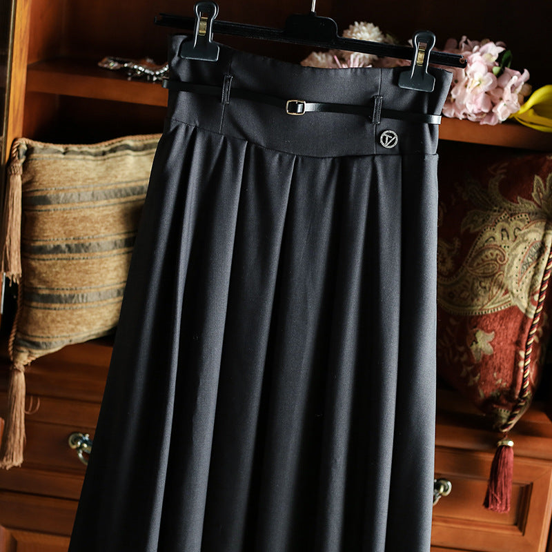 Women's High-waisted Flared Midi Skirt with Knife Pleats, Waistband and Decorative Belt Mune Fashion
