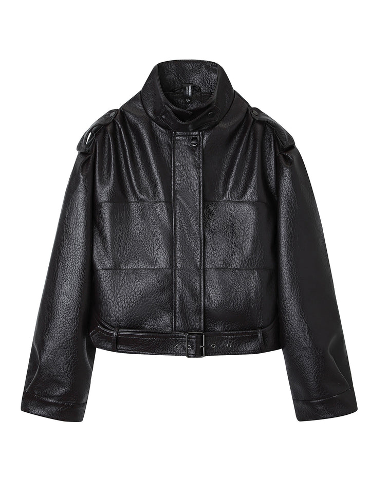 Ladies Fashion Faux Leather Jacket with Belt Mune Fashion