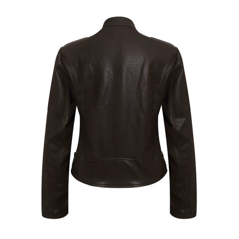 Women's Fitted Leather-Look Jacket with Stand-Up Collar, Epaulettes, and Waist Belt Mune Fashion