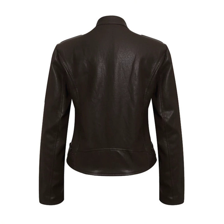 Women's Fitted Leather-Look Jacket with Stand-Up Collar, Epaulettes, and Waist Belt Mune Fashion