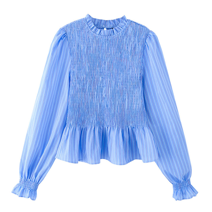 Women 10+ lightweight smock blouse shirt with ruffle collar, balloon sleeves and peplum Mune Fashion