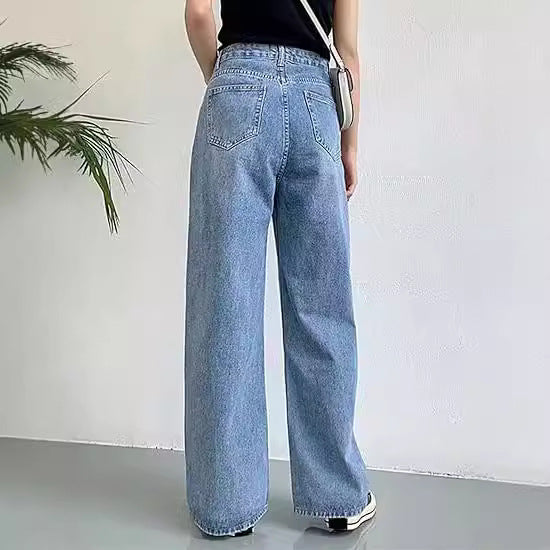 Women high-waisted wide denim pants with straight flare and classic five-pocket design Mune Fashion
