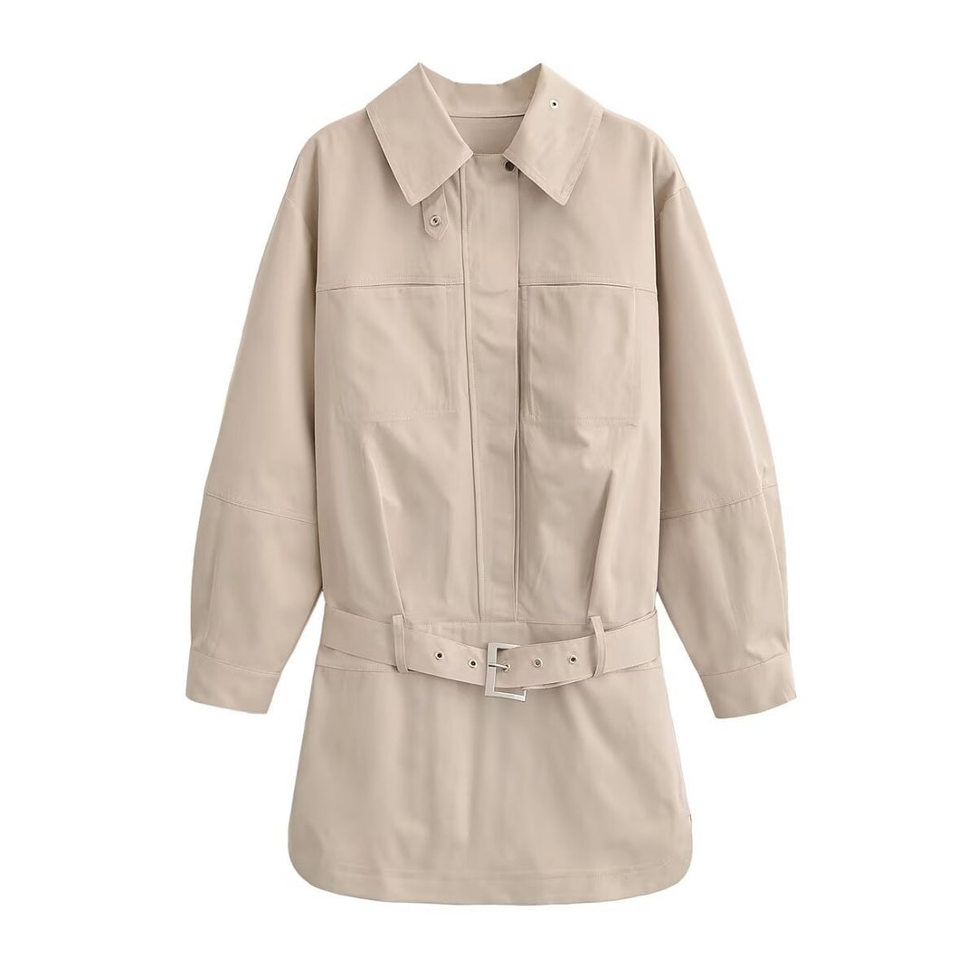 Women Oversized Shirt Blouse Jacket with Waist Belt and Concealed Button Placket Mune Fashion