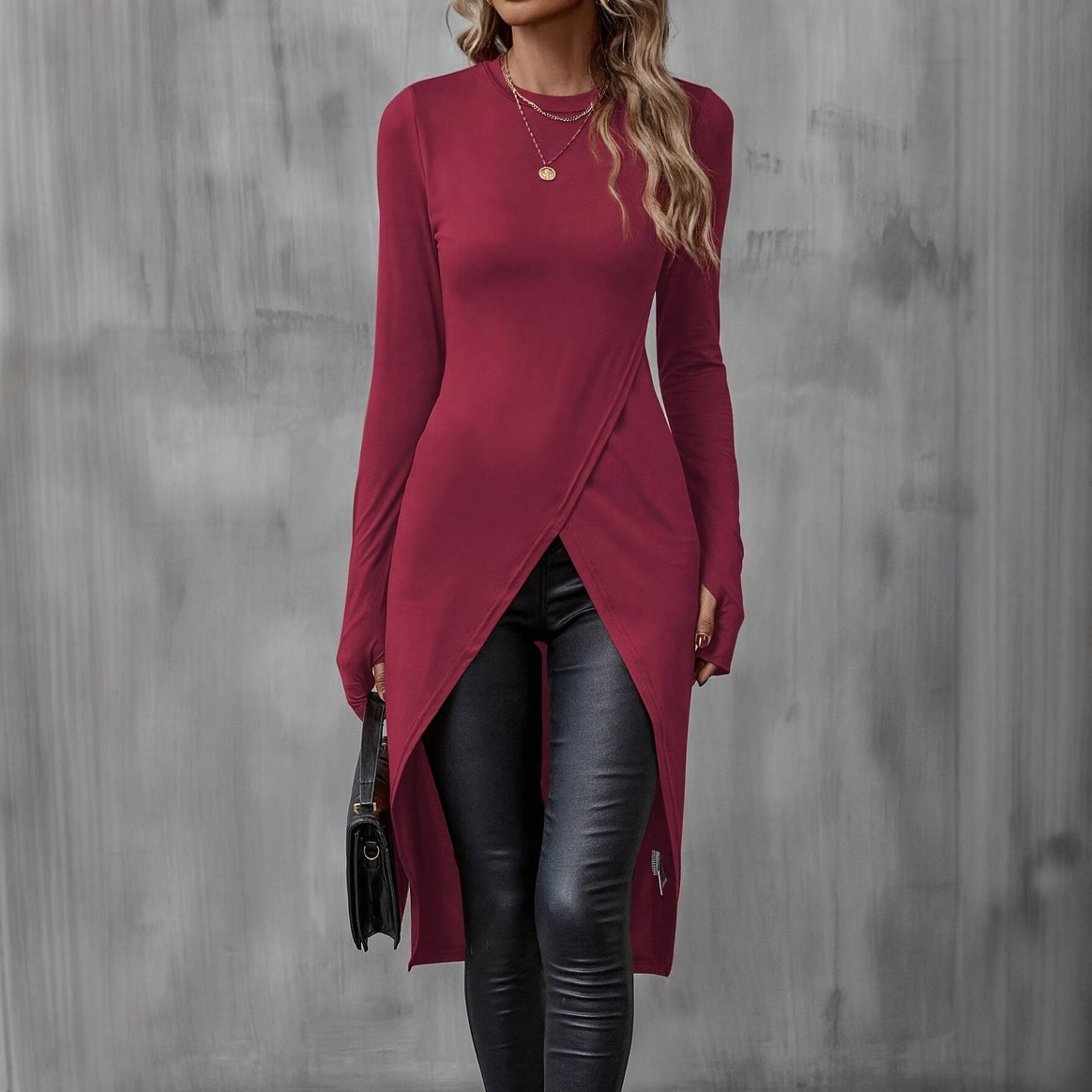 Women Asymmetrical Long Sleeve Tunic with Wrap Hem Mune Fashion