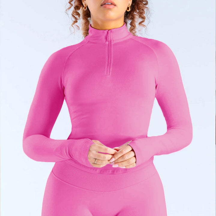 Women's Sporty Zip Neck Long Sleeve Top Mune Fashion