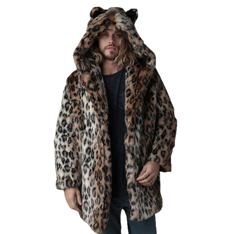 Men's Long Faux Fur Coat with Hood, Ear Application and Oversized Silhouette Mune Fashion
