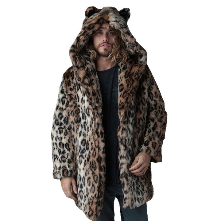 Men's Long Faux Fur Coat with Hood, Ear Application and Oversized Silhouette Mune Fashion