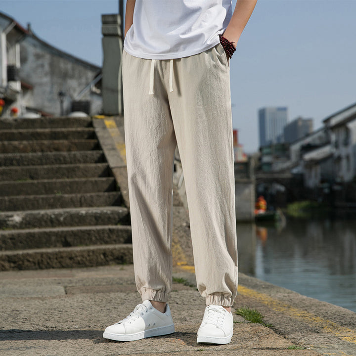 Men's Nan Tapered Linen-Cotton Joggers with Drawstring, Elastic Ankle Cuffs and Slim Silhouette Mune Fashion
