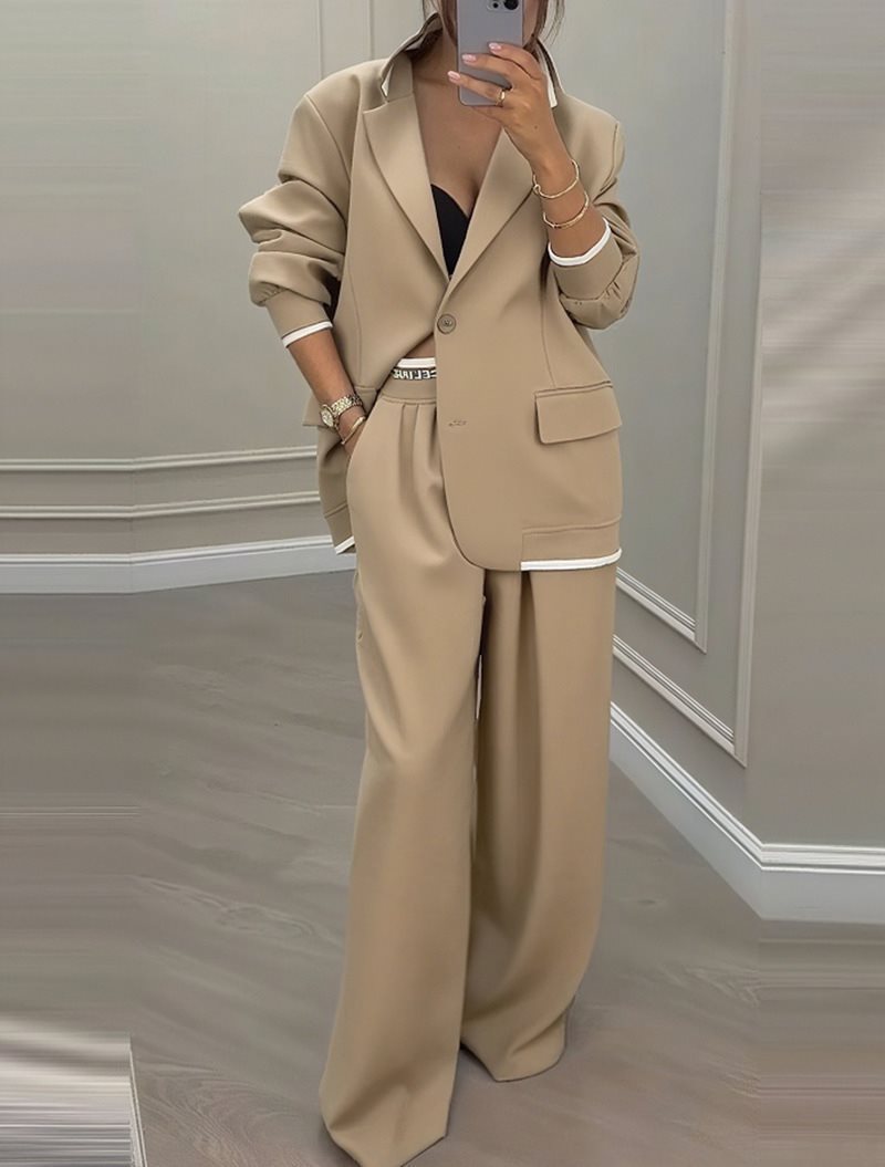 Women Oversized Blazer with Contrast Trim and High-Waist Palazzo Pants Two-Piece Set Mune Fashion