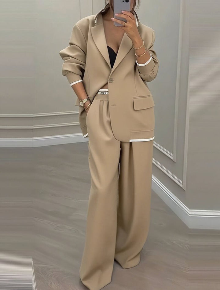 Women Oversized Blazer with Contrast Trim and High-Waist Palazzo Pants Two-Piece Set Mune Fashion