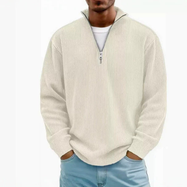 Men's Ribbed Half-Zip Knit Sweater with Stand Collar and Relaxed Fit Mune Fashion