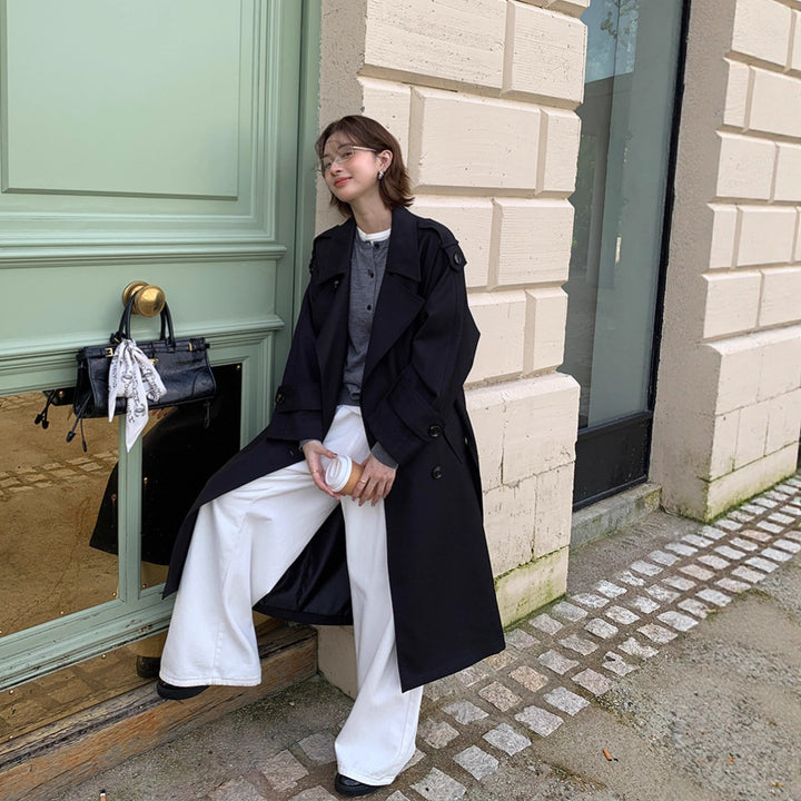 Women’s Long Trench Coat in Oversize Look with Belt and Shoulder Patches Mune Fashion