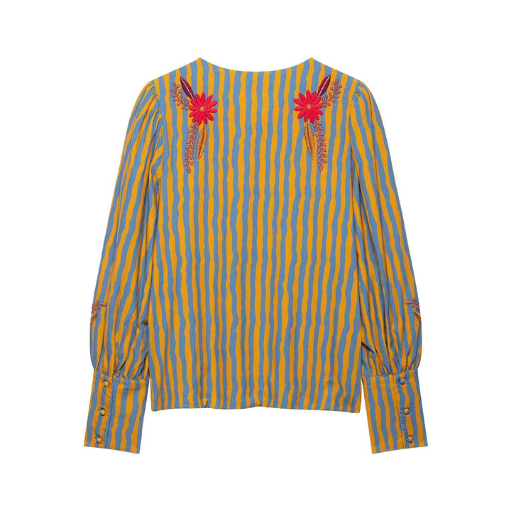 Women Striped Embroidered Blouson Jacket with Open Front and Peter Pan Collar Mune Fashion